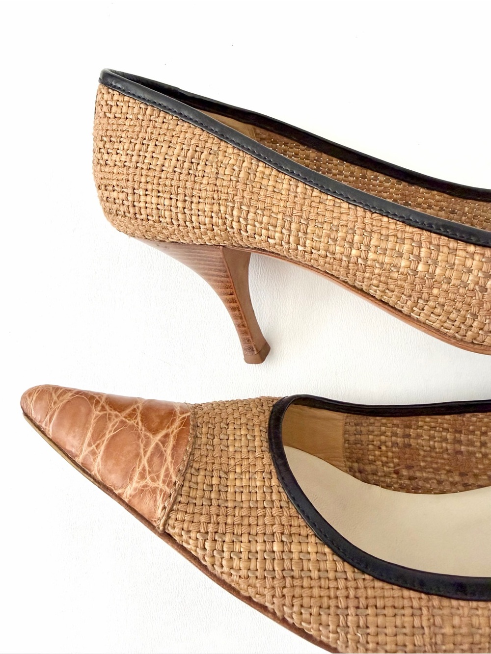 PRADA | Vintage Raffia Woven Leather Tan Pointed Toe Kitten Heel Pumps EU 37 - Picture 8 of 14